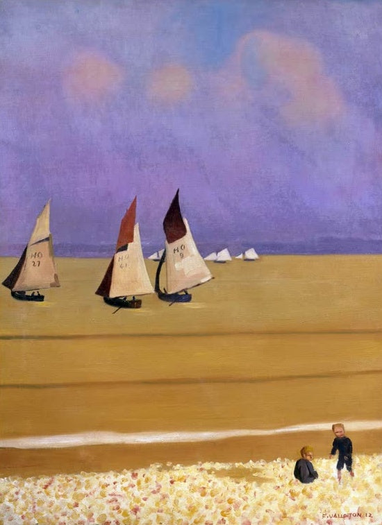 Félix Vallotton Die Boote Kunstkopie, Segelboote am goldgelben Strand unter violettem Himmel, zwei Kinder im Vordergrund