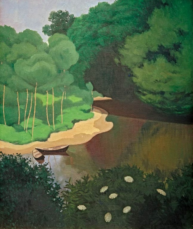 Félix Vallotton Dordogne bei Carennac Kunstkopie, ruhiger Fluss zwischen dichtem Laub mit zwei Booten am Sandufer