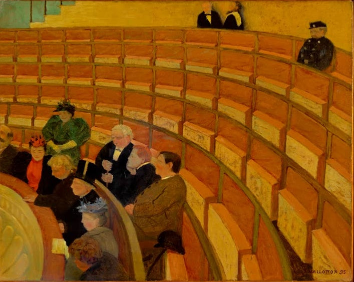Félix Vallotton Die dritte Galerie im Théâtre du Châtelet Kunstkopie, orangefarbene Sitzreihen mit Publikum im Rang