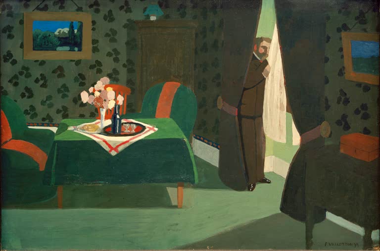 Félix Vallotton Die Erwartung Kunstkopie, Mann hinter dem Vorhang, gedeckter Tisch mit Blumen im grün tapezierten Salon