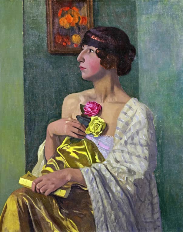 Félix Vallotton Die Frau mit Rosen Kunstkopie, junge Frau in gelber Seide mit rosa und gelber Rose vor grüner Wand