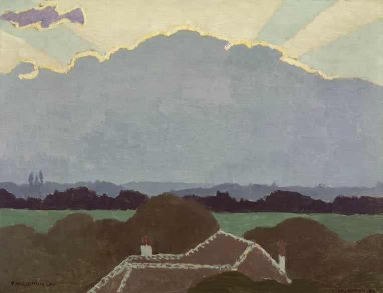 Félix Vallotton Die große Wolke Kunstkopie, graublaue Wolke mit goldenem Rand über Wiesen, Hecken und einem Ziegeldach
