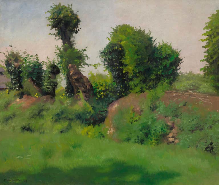 Félix Vallotton Die Hecke bei Honfleur Kunstkopie, grüne Wiese mit Kopfweiden, Büschen und rötlichem Erdwall