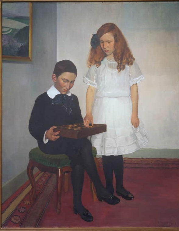 Félix Vallotton Die Kinder Hahnloser Kunstkopie, Junge mit Spielbrett und Mädchen im weißen Kleid im Zimmer
