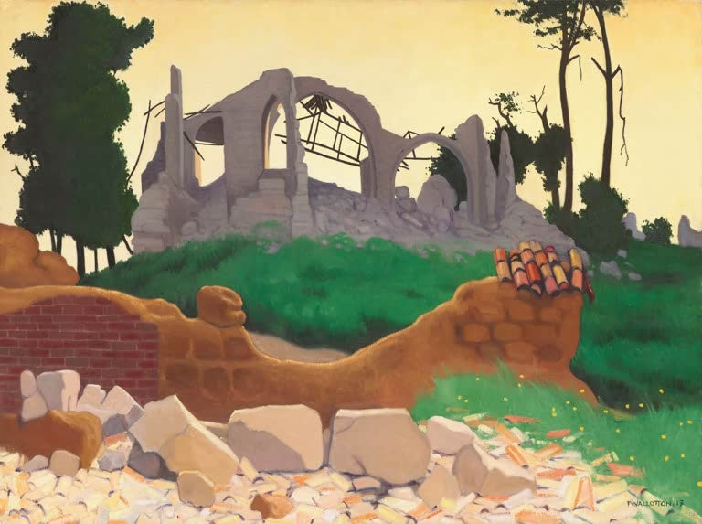 Félix Vallotton Die Kirche von Souain Kunstkopie, Kirchenruine auf grünem Hügel hinter Ziegelmauer und Trümmern