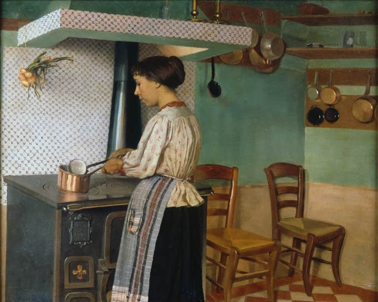 Félix Vallotton Die Köchin Kunstkopie, Frau mit Schürze am Herd in grüner Küche mit Kupfertöpfen, Kacheln und Rohrstühlen