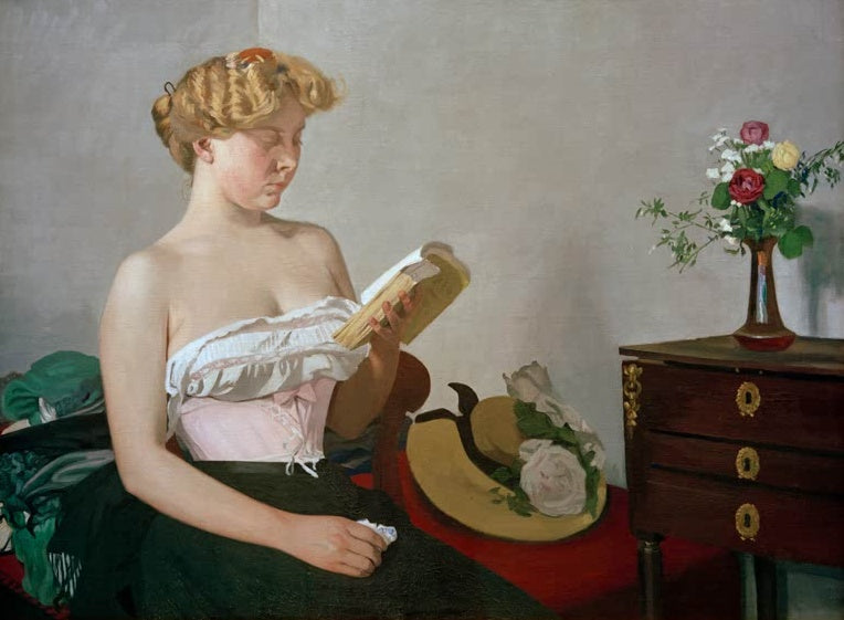 Félix Vallotton Die Lektüre Kunstkopie, junge Frau mit Buch, Strohhut auf rotem Tuch und Blumenvase auf einer Kommode