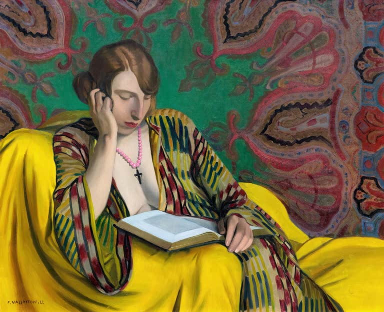 Félix Vallotton Die Leserin auf gelbem Sofa Kunstkopie, junge Frau im gestreiften Morgenmantel liest vor grünem Schal