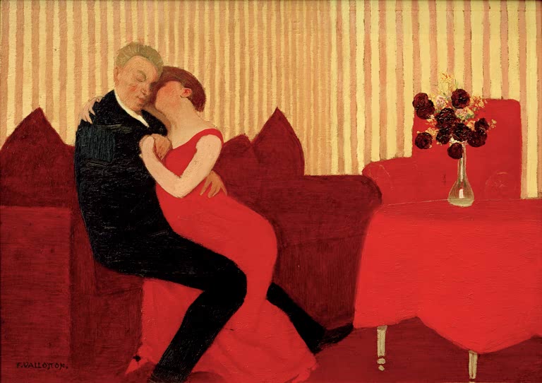 Félix Vallotton Die Lüge, Paar auf rotem Sofa Kunstkopie, umarmtes Paar im roten Interieur mit Tapete und Blumenvase