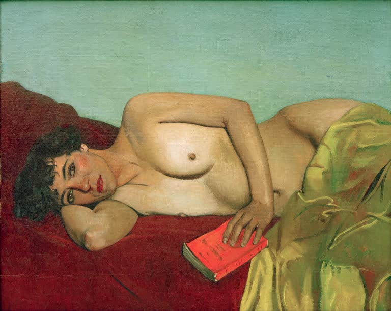 Félix Vallotton Die niedergelegte Lektüre, Fassung Lyon Kunstkopie, liegende Frau mit rotem Buch auf rotem Polster