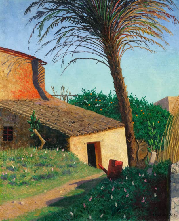 Félix Vallotton Die Palme in Cagnes Kunstkopie, Palme über Gartenhaus mit Orangenbäumen unter blauem Himmel