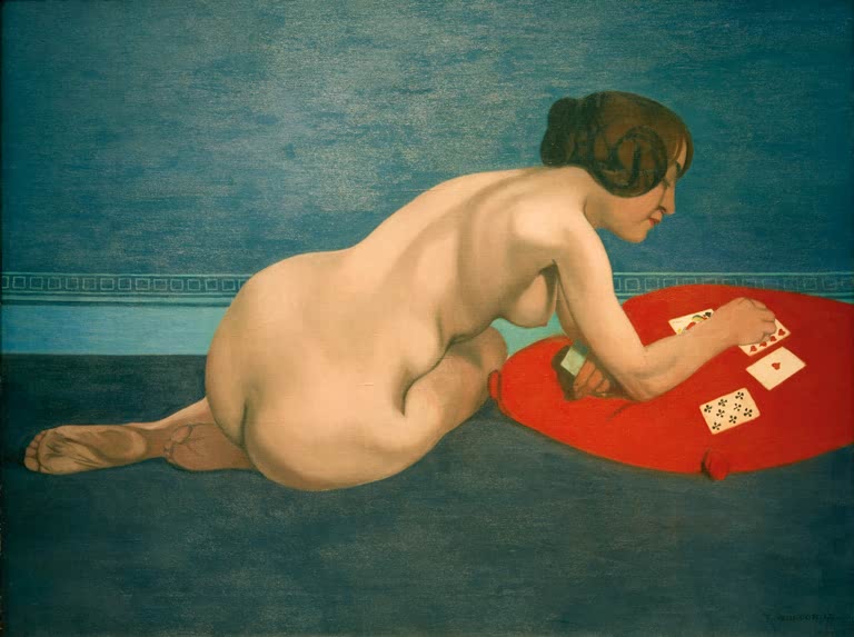 Félix Vallotton Die Patience, Akt mit Spielkarten Kunstkopie, Frau von hinten auf rotem Kissen vor blauem Grund