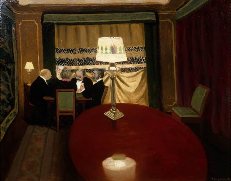 Félix Vallotton Die Pokerspieler im Salon Kunstkopie, Kartenrunde im Lampenlicht hinter einem roten Tisch