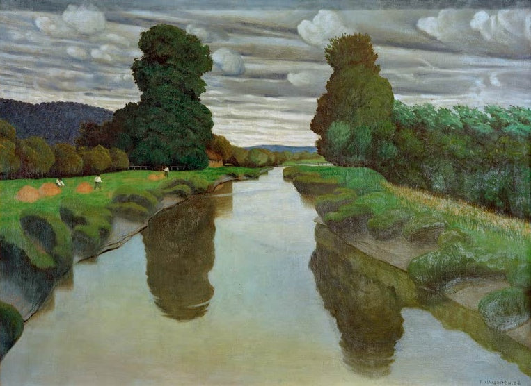 Félix Vallotton Die Risle bei Berville Kunstkopie, spiegelnder Fluss zwischen grünen Ufern unter bewölktem Himmel
