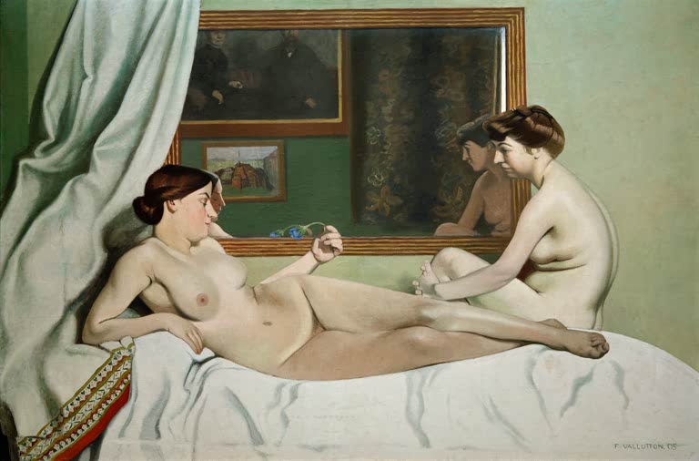 Félix Vallotton Die Ruhepause der Modelle Kunstkopie, zwei Modelle im Atelier vor einem Spiegel und grünlicher Wand