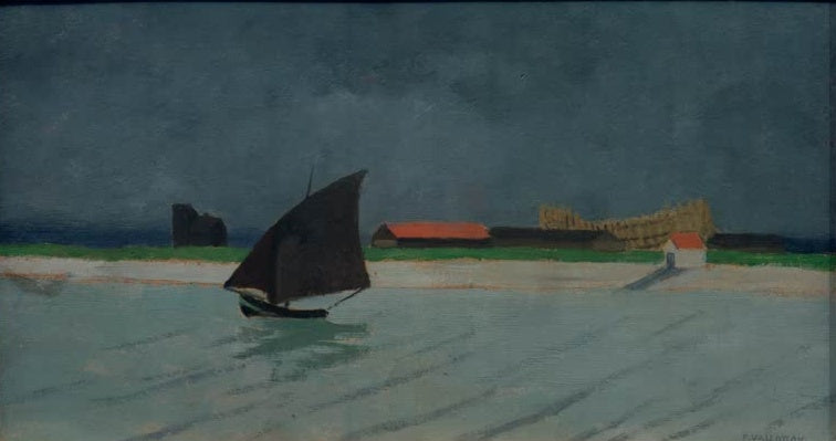 Félix Vallotton Die Seine-Mündung Kunstkopie, Segelboot auf hellgrünem Wasser vor Gewitterhimmel und Küstenhäusern