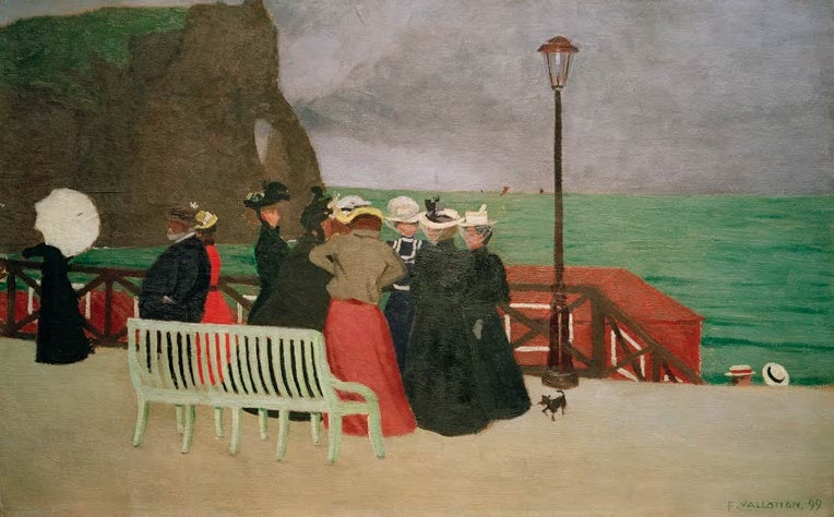 Félix Vallotton Die Strandpromenade in Etretat Kunstkopie, Spaziergängerinnen am Geländer vor grünem Meer und Klippe