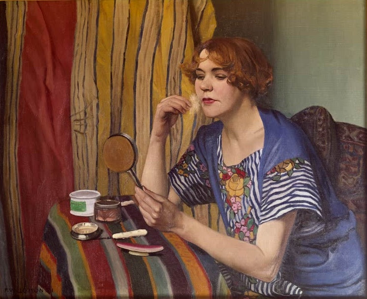 Félix Vallotton Die Toilette Kunstkopie, Frau mit Puderquaste in blauer Bluse vor gestreiftem Vorhang