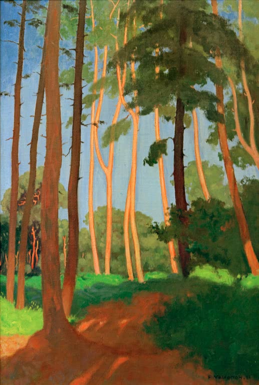 Félix Vallotton Die Waldlichtung mit rotem Pfad Kunstkopie, schlanke Baumstämme im Sonnenlicht vor blauem Himmel