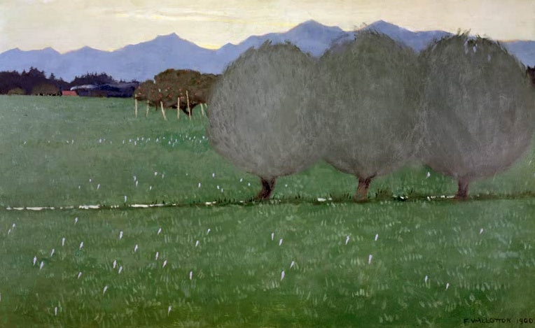 Félix Vallotton Die Weiden Kunstkopie, drei rundkronige Bäume auf grüner Wiese mit Blüten vor blauen Bergen im Abendlicht