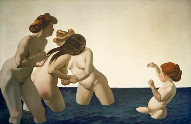 Félix Vallotton Drei Frauen und ein kleines Mädchen im Wasser spielend Kunstkopie, Badeszene vor hellem Himmel