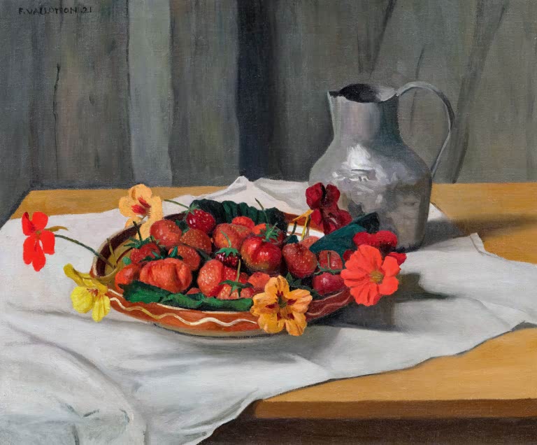 Félix Vallotton Erdbeeren und Kapuzinerkresse mit Zinnkanne Kunstkopie, Schale mit roten Früchten neben glänzender Kanne