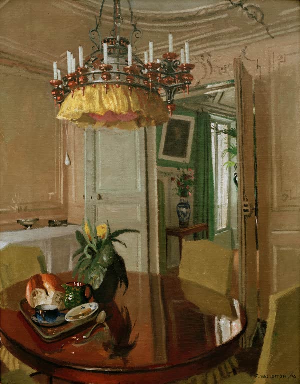 Félix Vallotton Esszimmer mit Blumenstrauß und Kronleuchter Kunstkopie, runder Tisch mit Frühstück vor offener Tür