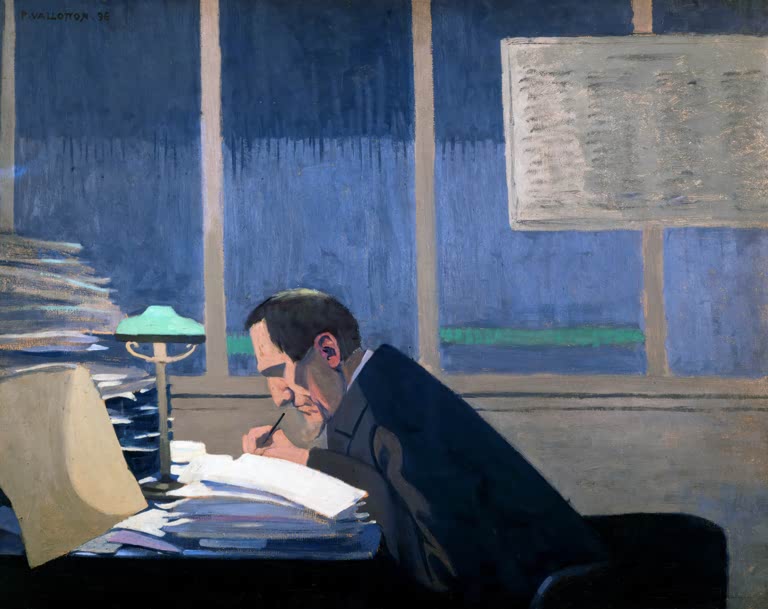 Félix Vallotton Félix Fénéon Revue blanche Kunstkopie, Mann im dunklen Anzug schreibt an einem Schreibtisch mit grüner Lampe