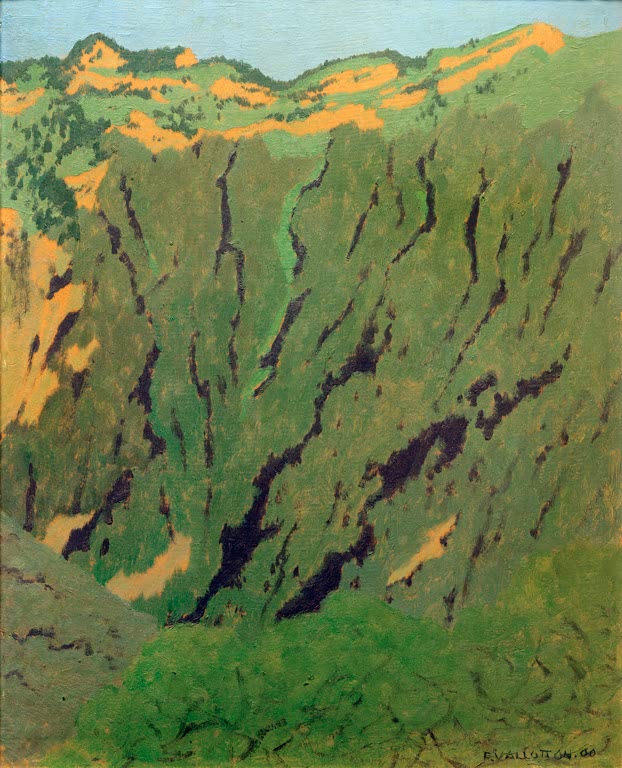 Félix Vallotton Felswand bei Bex Kunstkopie, steiler grüner Berghang mit dunklen Schluchten und ockerfarbenen Flächen