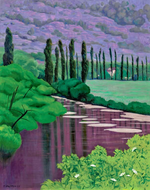 Félix Vallotton Flusslandschaft mit Pappeln Kunstkopie, violett spiegelnder Fluss, grüne Ufer und Pappelreihe vor lila Hügeln