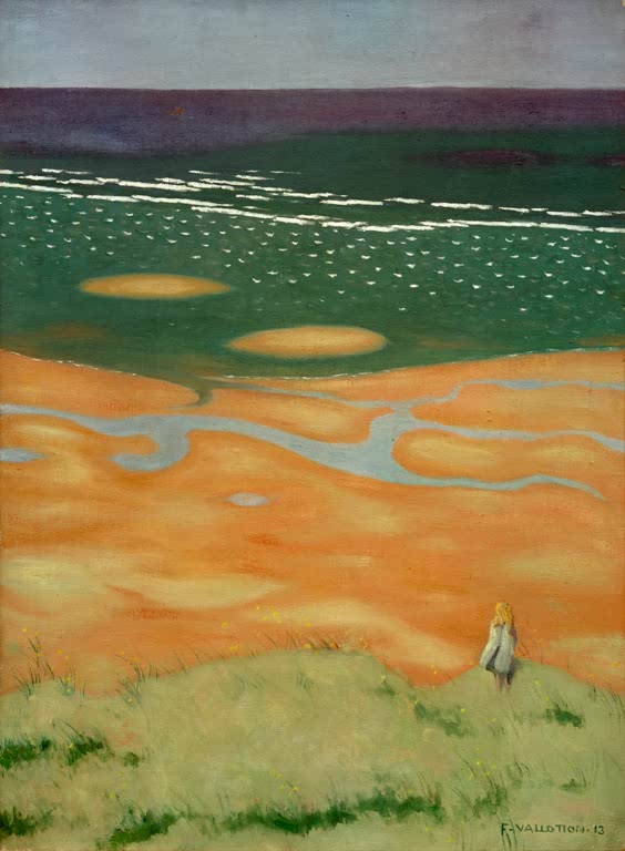 Félix Vallotton Flut bei Houlgate Kunstkopie, orangefarbener Sandstrand mit Rinnsalen, grünes Meer und Kind auf der Düne