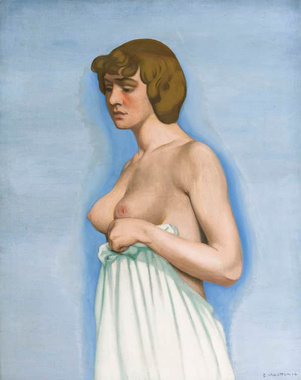 Félix Vallotton Frau, ihr Hemd haltend, vor hellblauem Grund Kunstkopie, junge Frau im Profil mit weißem Hemd