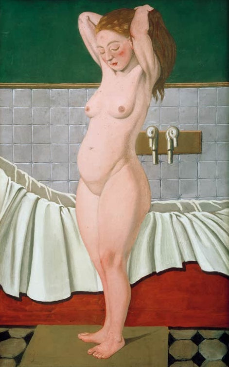 Félix Vallotton Frau im Bad sich das Haar richtend Kunstkopie, stehende Frau vor grüner Wand und Badewanne mit weißem Tuch