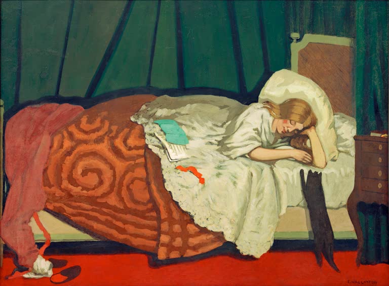 Félix Vallotton Frau im Bett mit einer Katze Kunstkopie, Schlafende in weißem Kleid unter orangem Muster vor grünem Vorhang