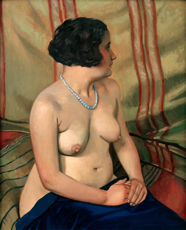 Félix Vallotton Frau mit blauer Halskette Kunstkopie, sitzende Frau im Halbakt mit Blick zur Seite vor gestreiftem Stoff