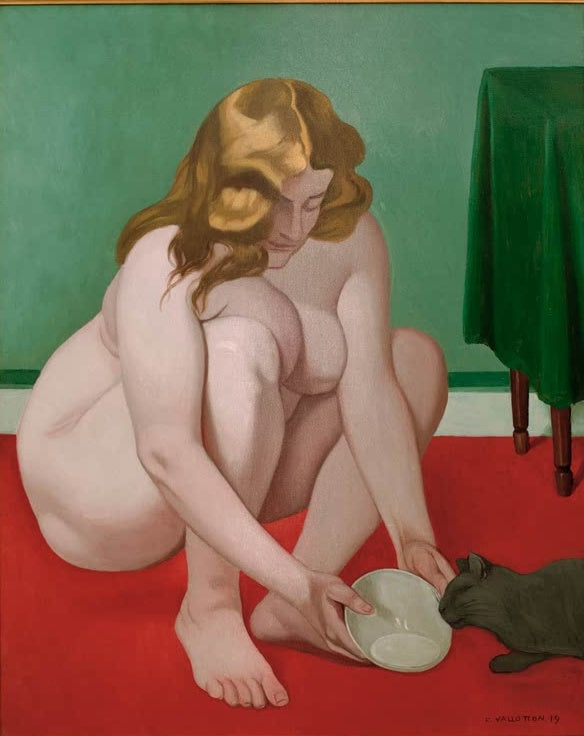 Félix Vallotton Frau mit Katze auf rotem Teppich Kunstkopie, hockender Akt reicht einer grauen Katze eine Schale Milch