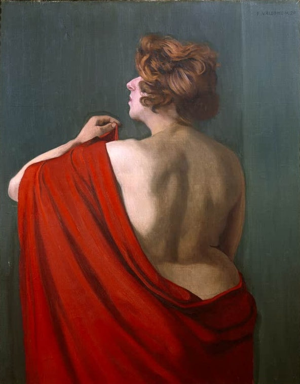Félix Vallotton Frau mit rotem Schultertuch Kunstkopie, Rückenhalbakt mit rotblondem Haar und rotem Tuch vor grünem Grund