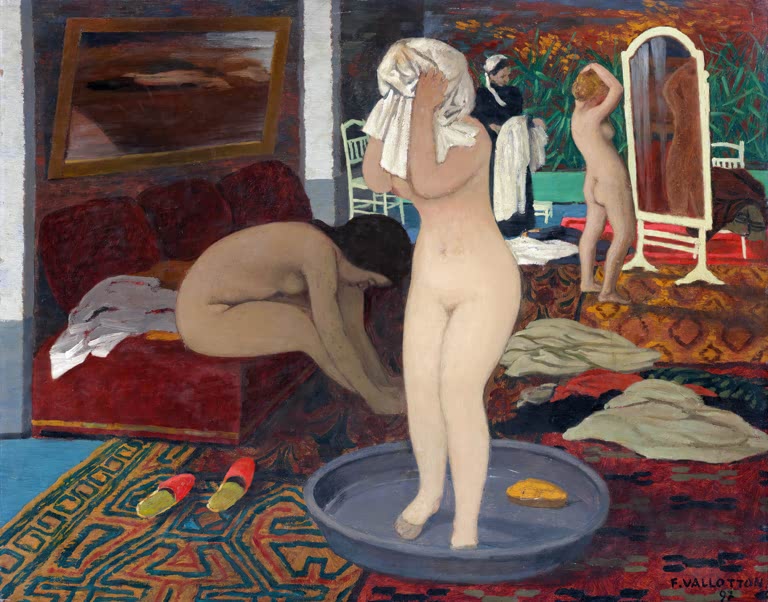 Félix Vallotton Frauen bei ihrer Toilette Kunstkopie, drei Frauen beim Waschen in einem Interieur mit gemusterten Teppichen