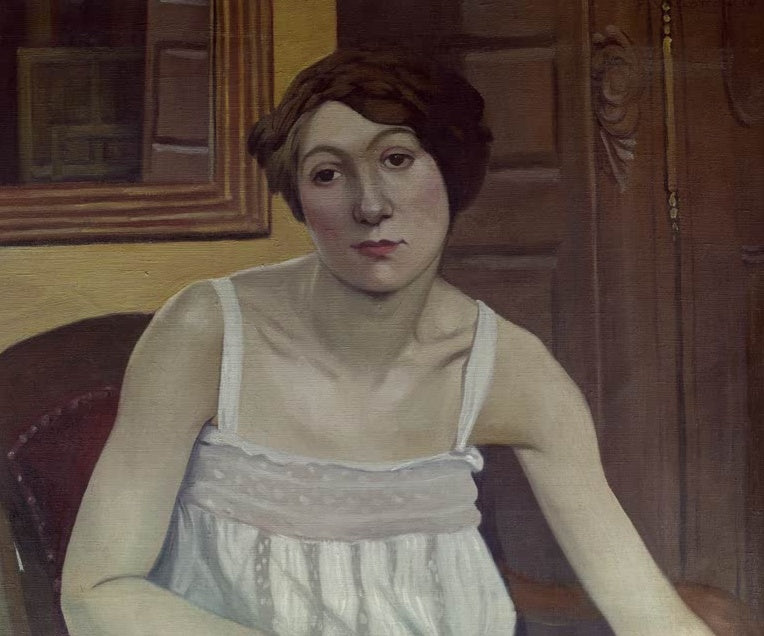 Félix Vallotton Frauenbildnis in Halbfigur Kunstkopie, Frau im weißen Trägerhemd im Sessel vor braunem Schrank und Spiegel