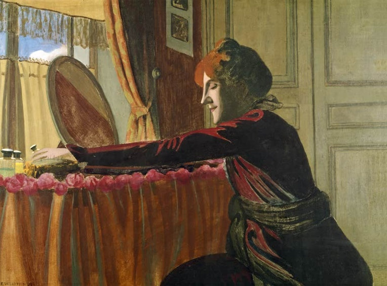 Félix Vallotton Gabrielle Vallotton am Toilettentisch Kunstkopie, Frau im Profil vor Spiegel und Fenster, Blumenborte