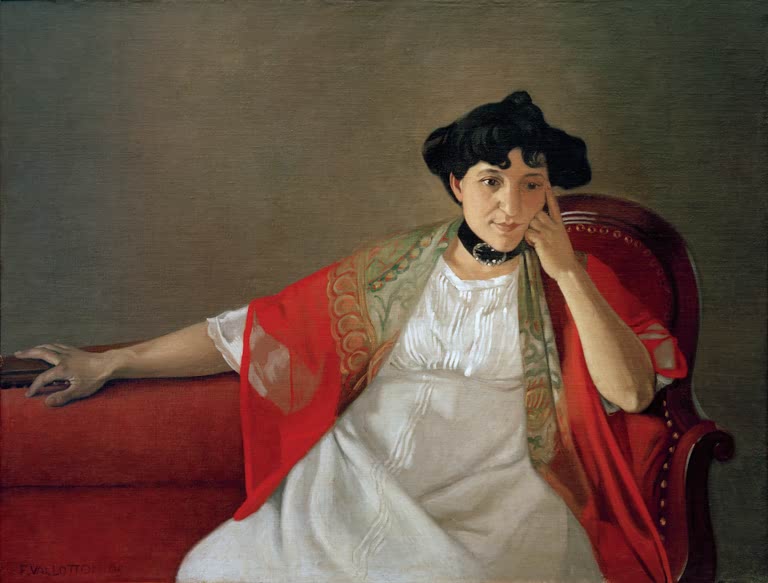 Félix Vallotton Gabrielle Vallotton mit rotem Schal Kunstkopie, Frau im weißen Kleid auf rotem Sofa, Kopf aufgestützt