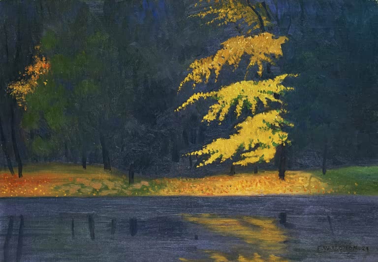 Félix Vallotton Herbstlaub Bois de Boulogne Kunstkopie, leuchtend gelbe Baumkrone vor dunklem Wald über einem Teich