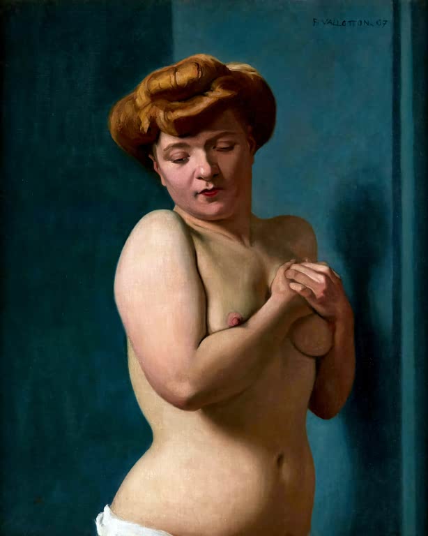 Félix Vallotton Halbakt mit rotblondem Haarknoten Kunstkopie, junge Frau mit gesenktem Blick vor tiefblauem Vorhang