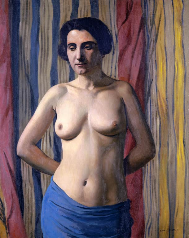 Félix Vallotton Halbakt mit blauem Tuch vor gestreiftem Vorhang Kunstkopie, stehende Frau mit Händen auf dem Rücken