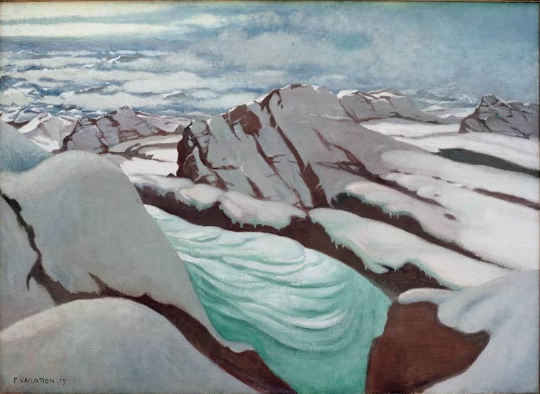 Félix Vallotton Hochgebirge Kunstkopie, türkisfarbener Gletscher zwischen verschneiten Felsgraten unter Wolkenmeer