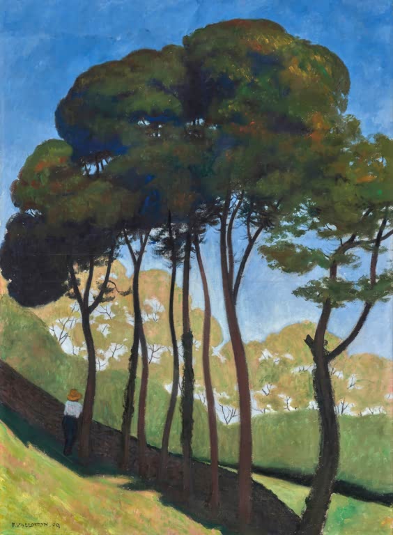 Félix Vallotton Hohe Bäume Honfleur Kunstkopie, schlanke Stämme und dichte Kronen vor blauem Himmel, Mann im Strohhut