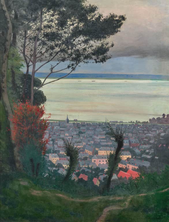 Félix Vallotton Honfleur am Abend Kunstkopie, Blick von einem Hang über Dächer und Bucht unter grauem Himmel