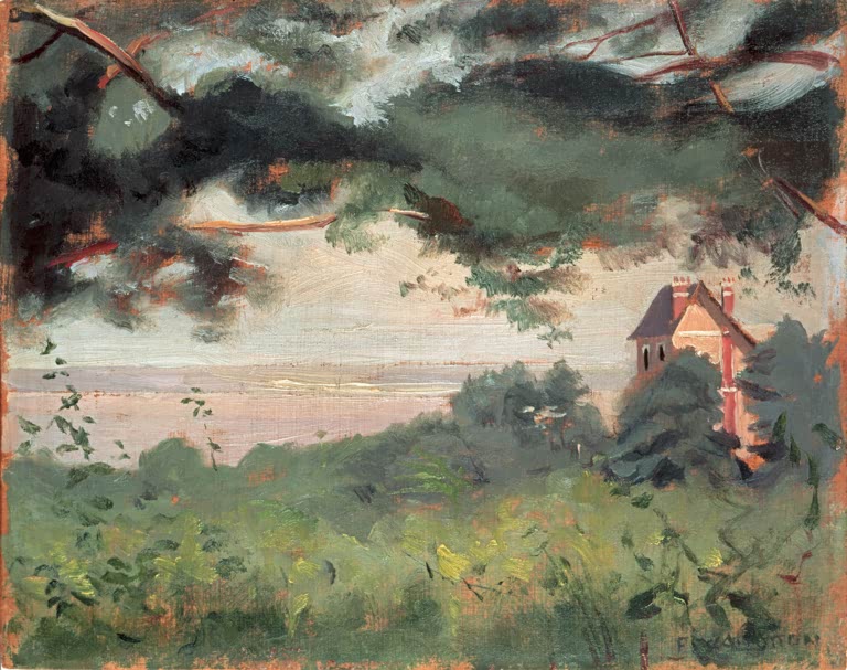 Félix Vallotton Honfleur Blick auf die Seinemündung Kunstkopie, Kiefernzweige, Haus und Meer im Abendlicht