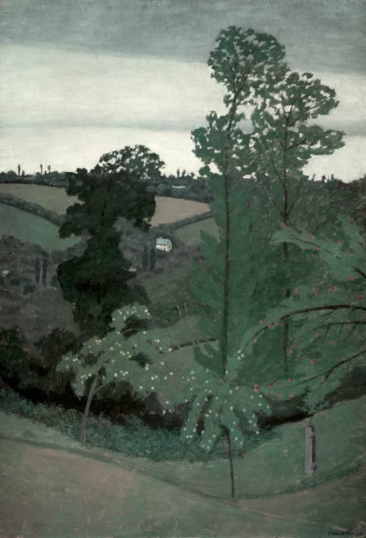 Félix Vallotton Hügellandschaft mit hohen Laubbäumen Kunstkopie, grüne Hänge, Weg und weißes Haus unter grauem Himmel