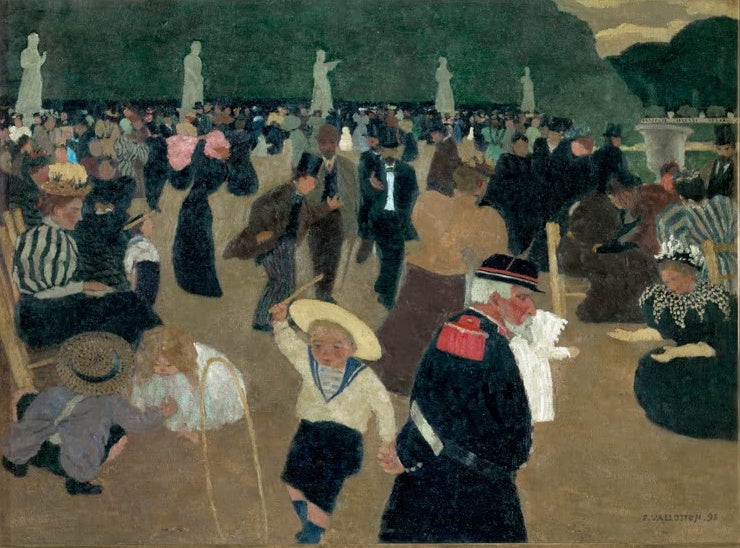 Félix Vallotton Im Jardin du Luxembourg Kunstkopie, Spaziergänger und Kinder mit Reifen vor Statuen im Pariser Park